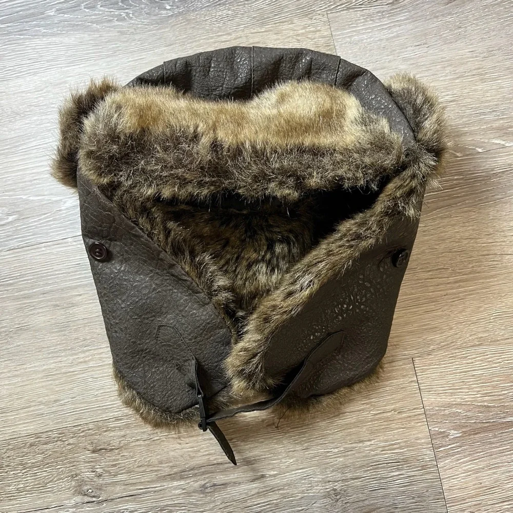 Y2k Trapper Hat Unisex OS Brown Faux Leather Fur Aviator Bomber Cap A045
